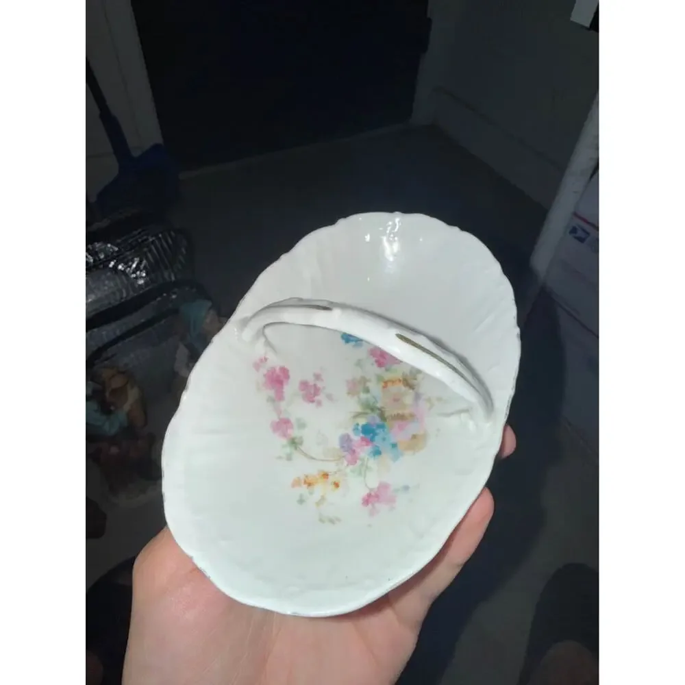 Vintage Fine China Basket With Handle, colored flower Pattern